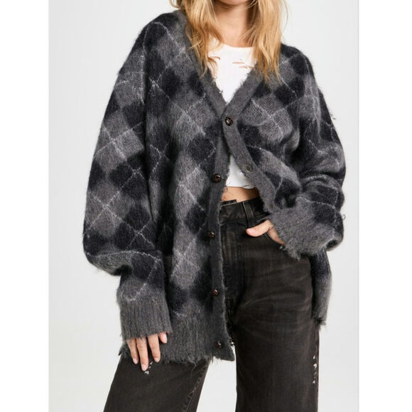 R13 Fluffy Plaid Oversized Distressed Edge Cardi Charcoal Blk Argyle Plaid, XS - Picture 4 of 16